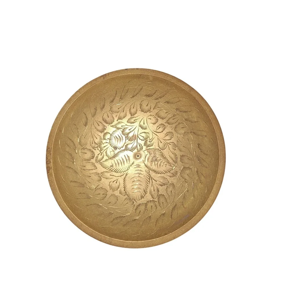 Vintage Etched Brass Footed Bowl India Floral Trinket Dish Offering Bowl 4.5